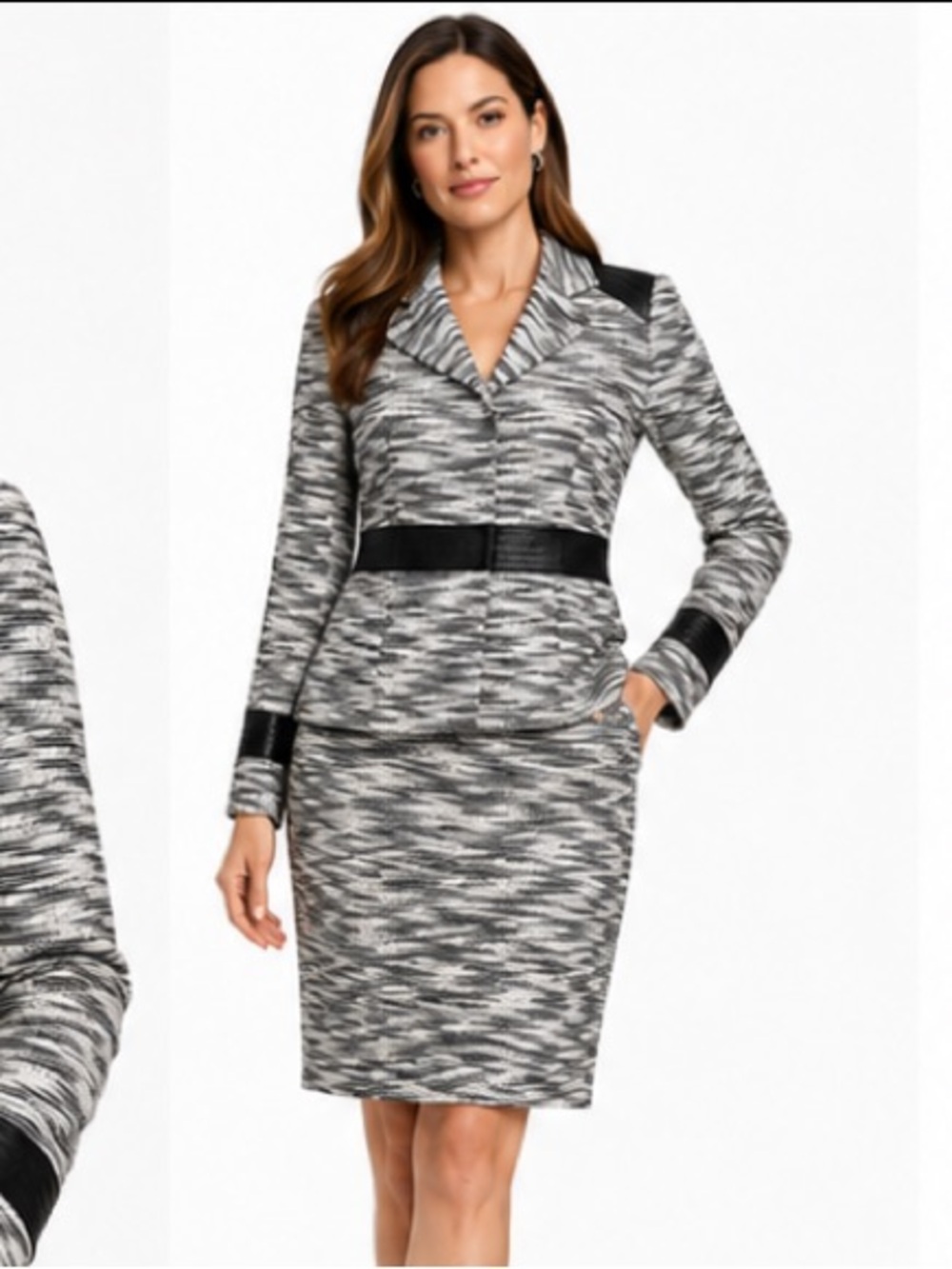 ETCETERA Black White Textured Jacket Skirt Set Size 6 Leather Trim